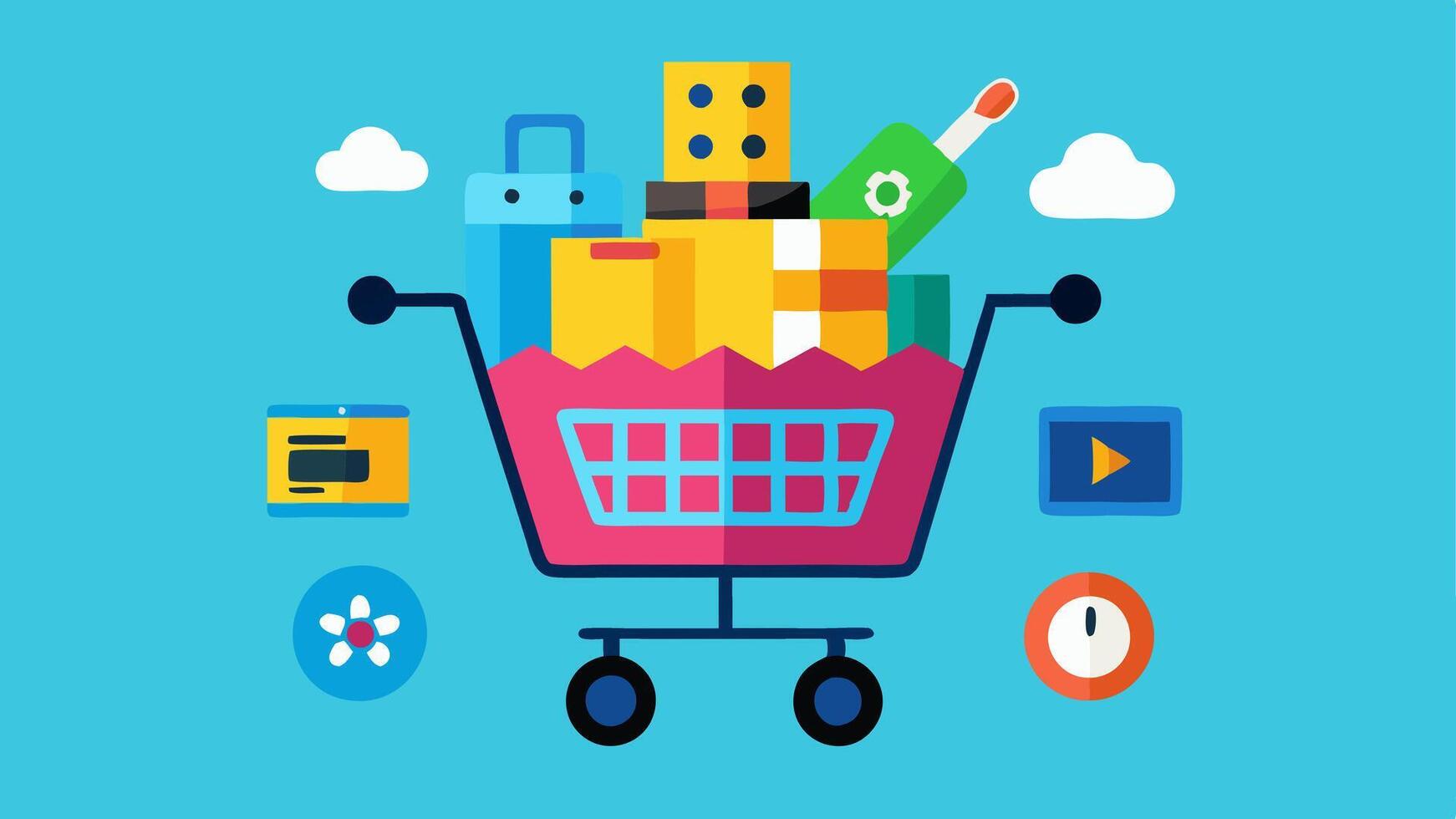 Tech Overload A cartoonish shopping cart packed with tingedge devices such as laptops drones and gaming consoles with a vibrant shopping app interface in the background.. vector