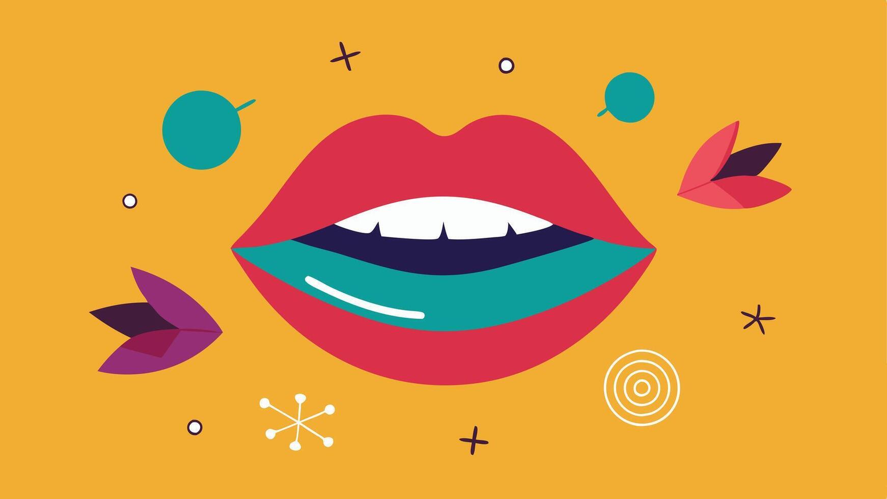 Youthful Glow A dynamic illustration of youthful plump lips with a whimsical cartoonish lip mask. Surrounding exosome symbols indicate energy and vivacity.. vector