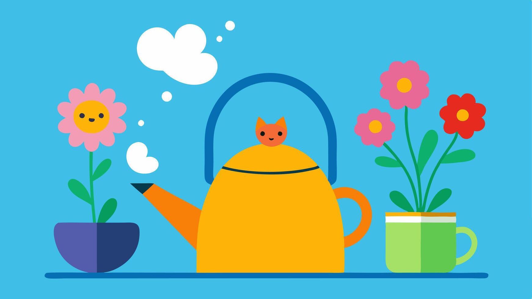 UpsideDown Tea Kettle A cheerful cartoonstyle kitchen depicting a tea kettle being used as a flower pot with colorful flowers growing out of the spout. Steam is comically floating. vector