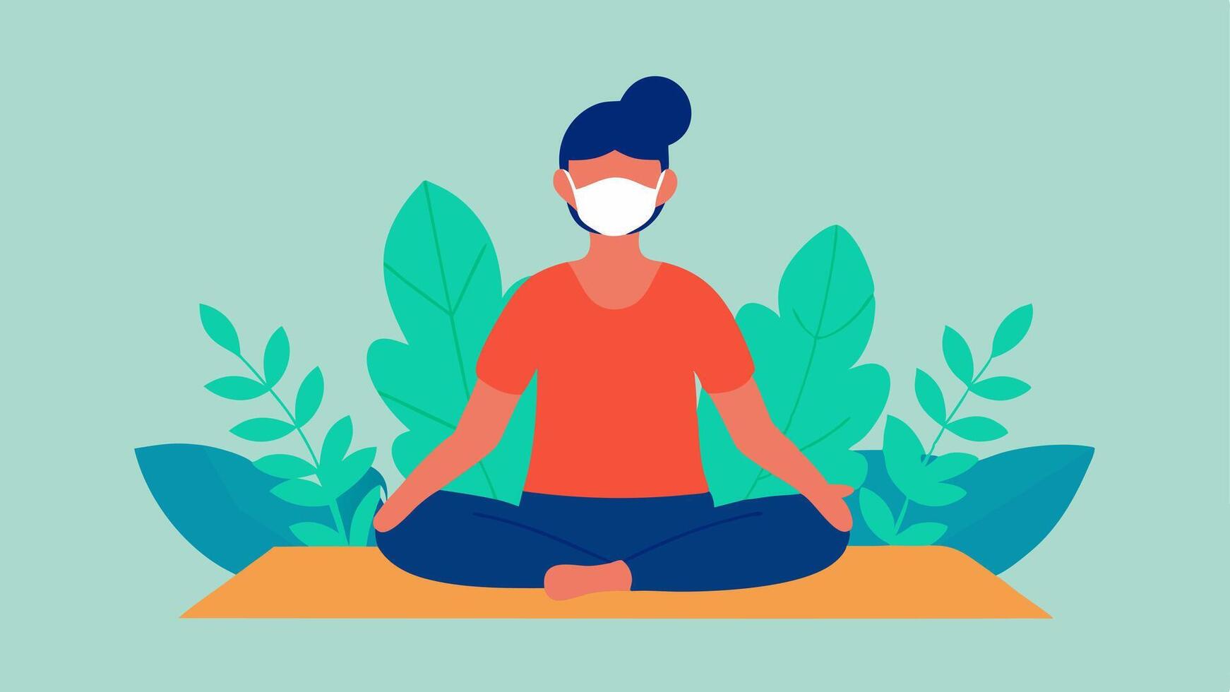Meditative State A person sitting crosslegged on a yoga mat wearing an infrared face mask with a peaceful expression surrounded by plants for a zen vibe.. vector