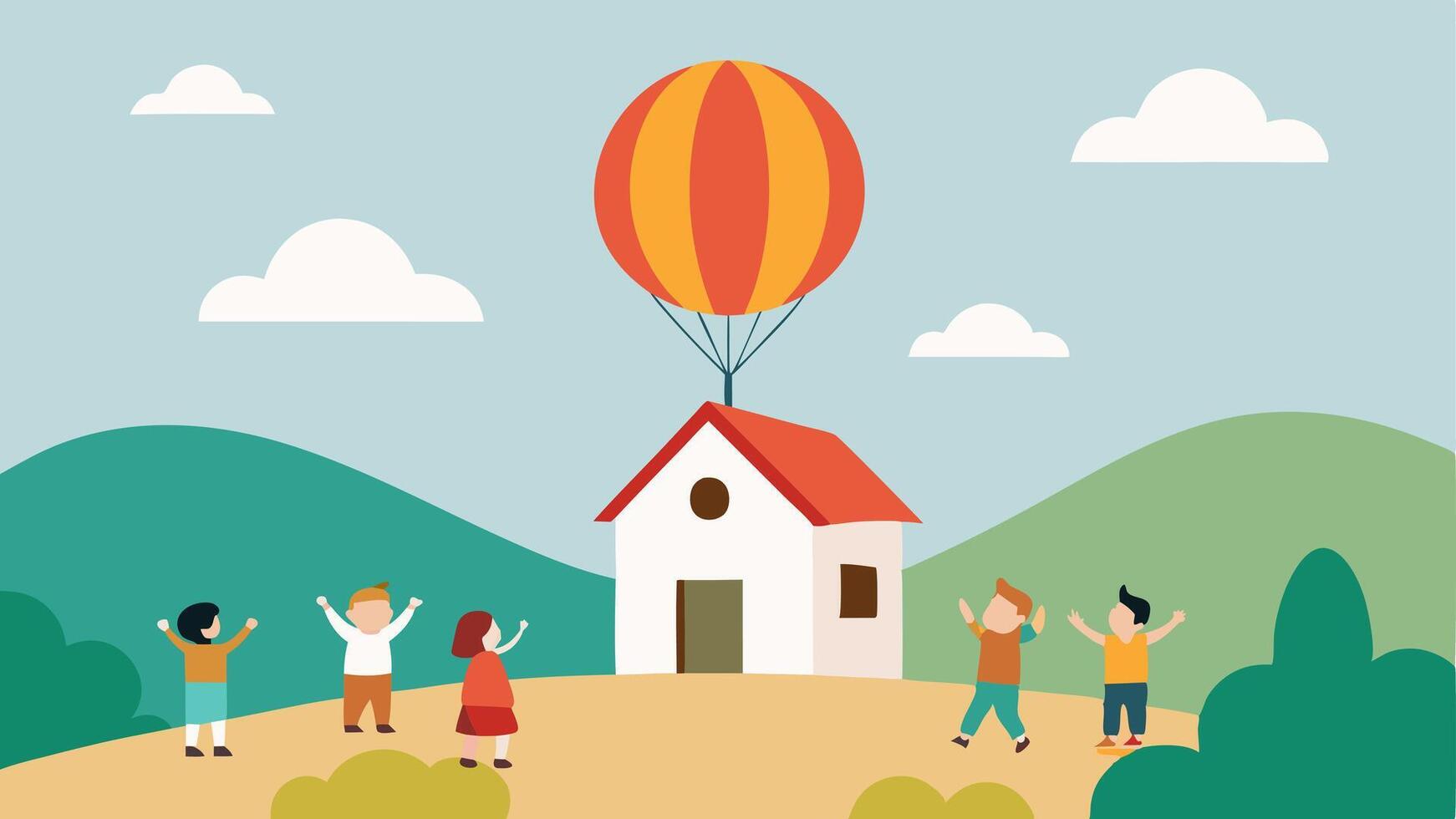 Up Up and Away An imaginative showing a classic cottage with a thatched roof being lifted by a gigantic striped balloon. The balloon has a playful expression with its face. vector