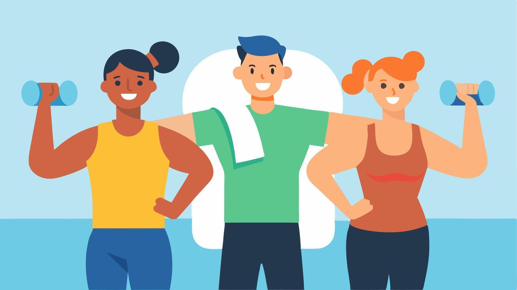 Victory Pose After an intense workout a group of fitness lovers stands together in a victory pose arms raised in triumph. Their faces are lit up with enormous contagious smiles. vector