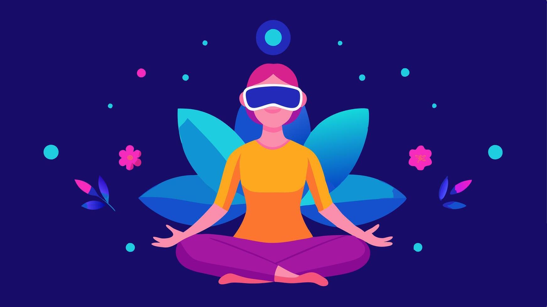 Meditative Space An illustration of a patient in a lotus position with a VR headset surrounded by soft glowing mandalas and peaceful colors to enhance relaxation.. vector
