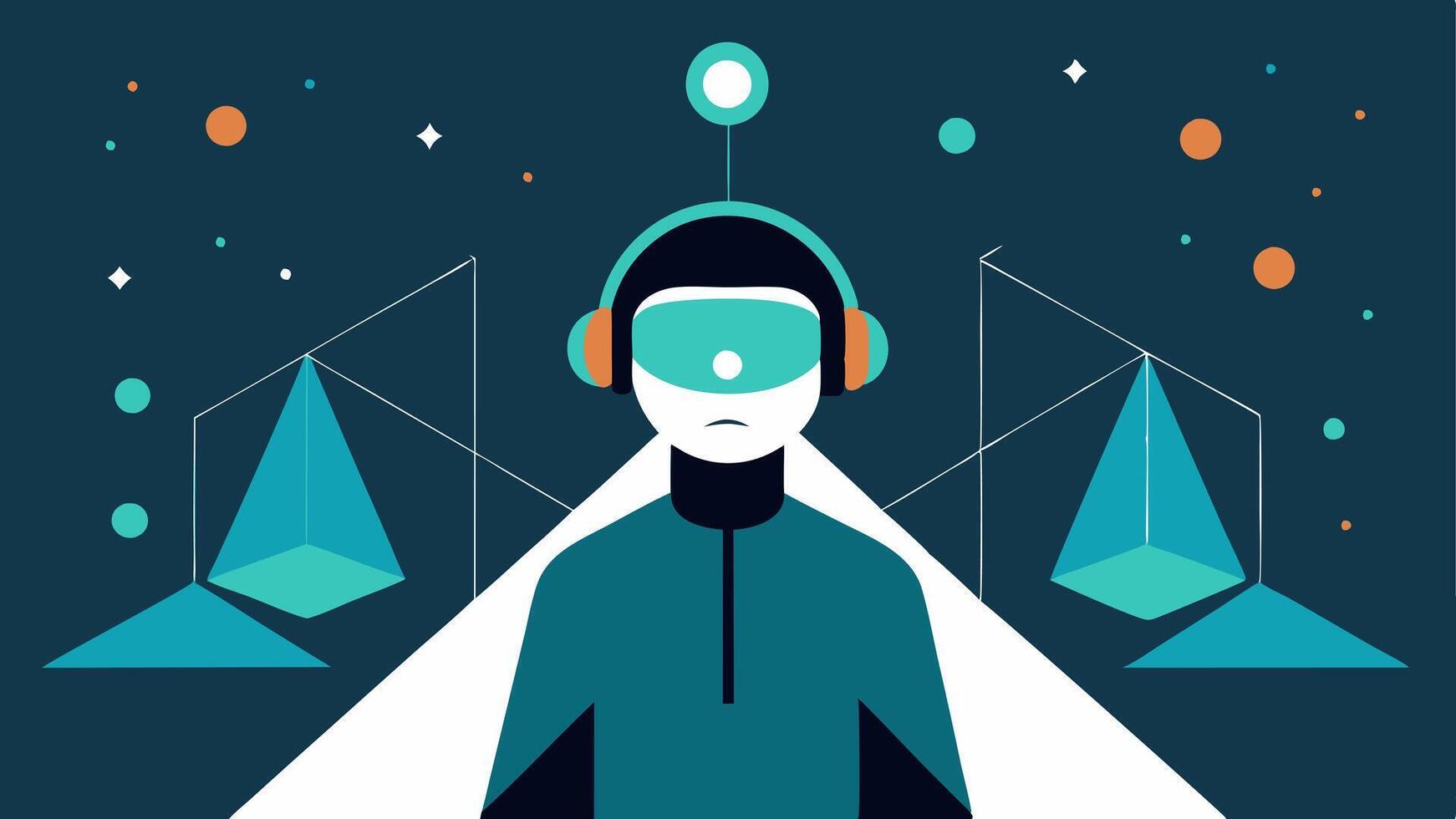 Mindful Journey A journeythemed illustration where a person wearing a digital headset is surrounded by a path made of abstract geometric shapes representing different levels of. vector