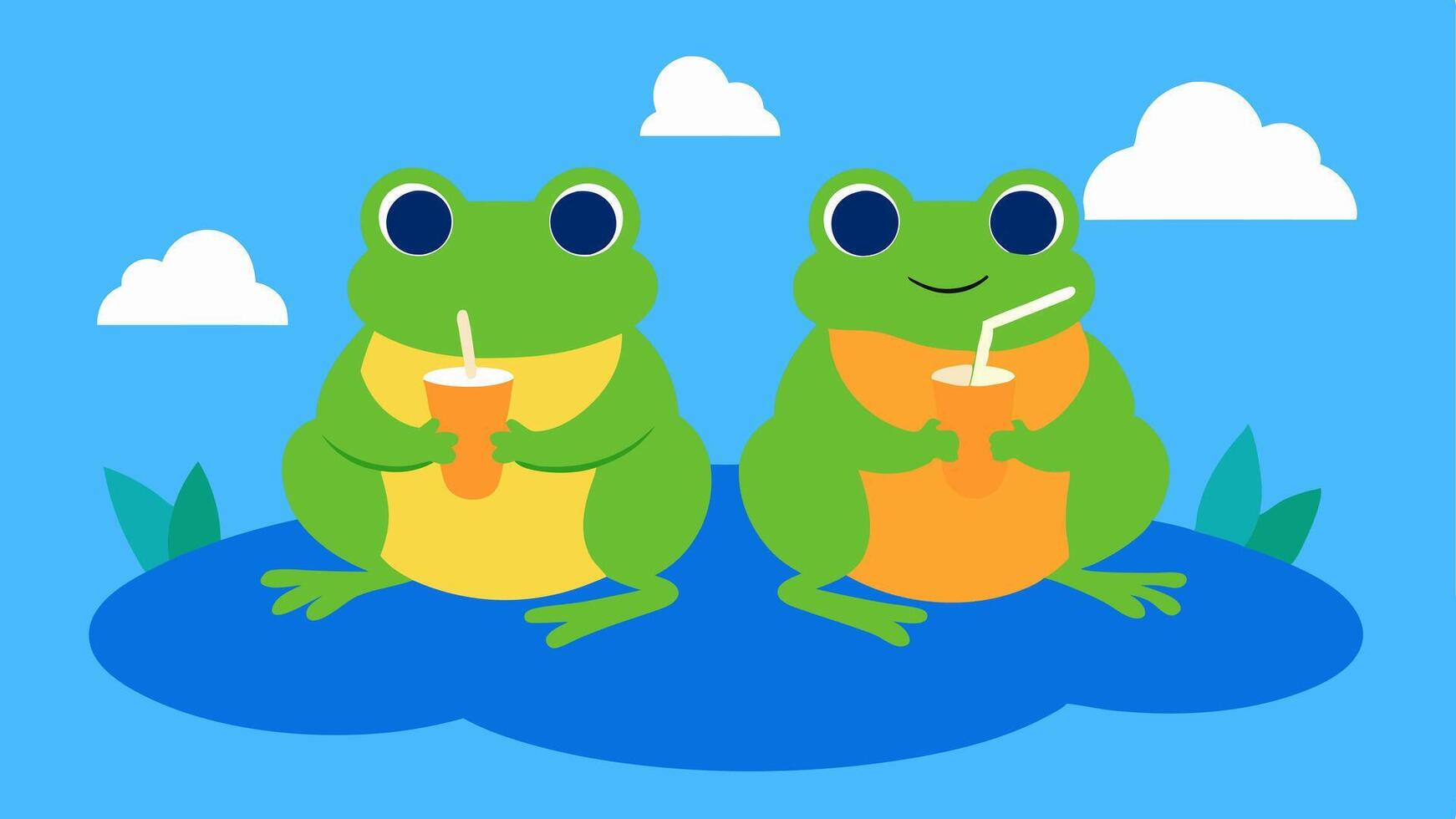 Two Frogs Sharing a Pad Two frogs one orange and one blue sit comfortably on a shared lily pad. Both wear stylish shades and each holds a small juice box with a straw. They lean. vector