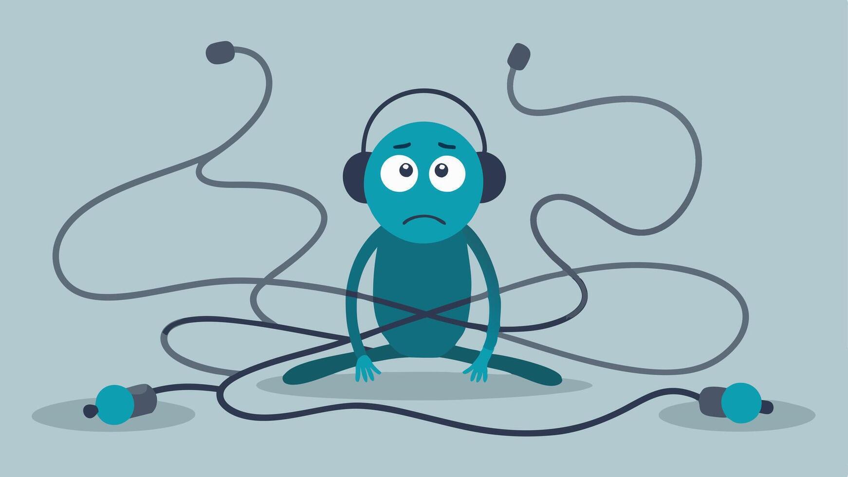 The Tangle Explosion A character sits on the floor surrounded by an explosion of tangled earphones. They lean back with a bewildered look wide eyes and mouth agape. The earphones. vector