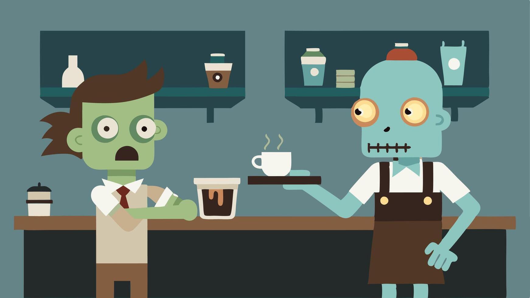 The Undead Barista Create a scene inside an old abandoned coffee shop where a zombie is behind the counter showcasing its barista skills. The zombie wears a playful apron and has. vector