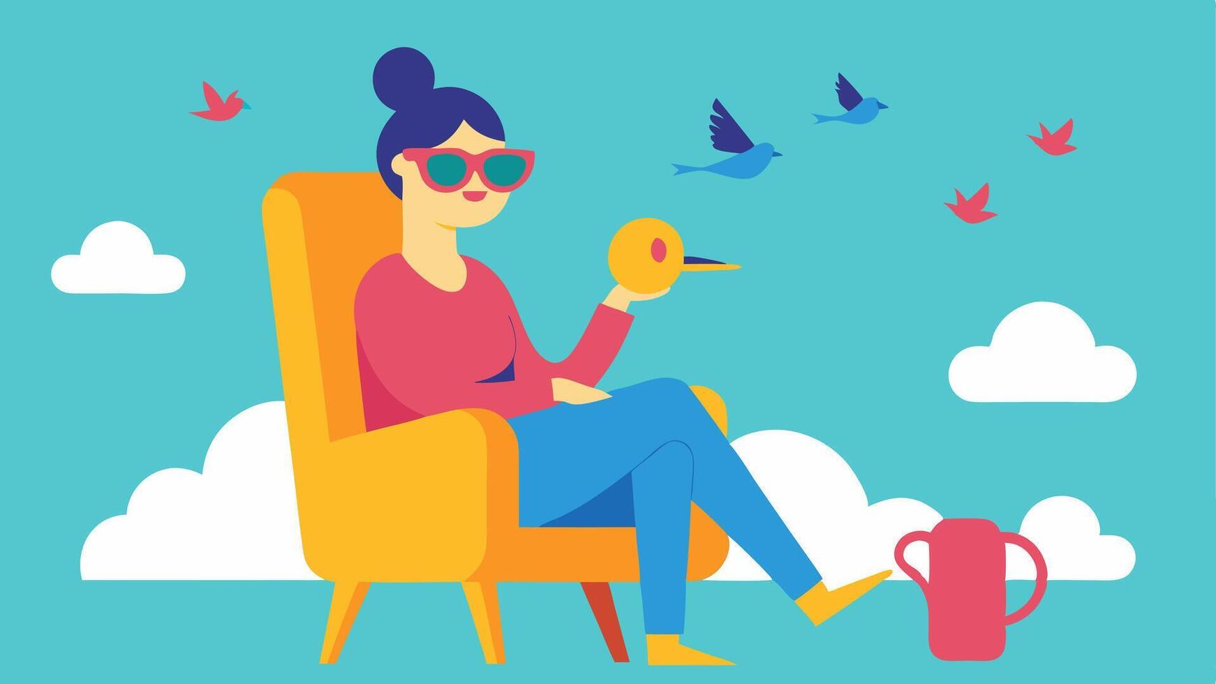 Whimsical Chill A cartoonish depiction of a person wearing oversized sunglasses sitting in a quirky brightly colored chair. Theyre cheerfully sipping tea while whimsical birds fly. vector