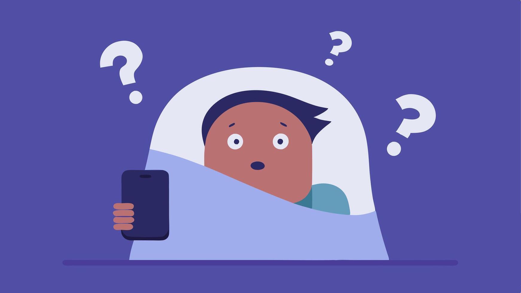 Texting Under the Covers Depict a character tucked in bed with a blanket pulled up to their chin. The characters face is illuminated by the light of their smartphone which they are. vector