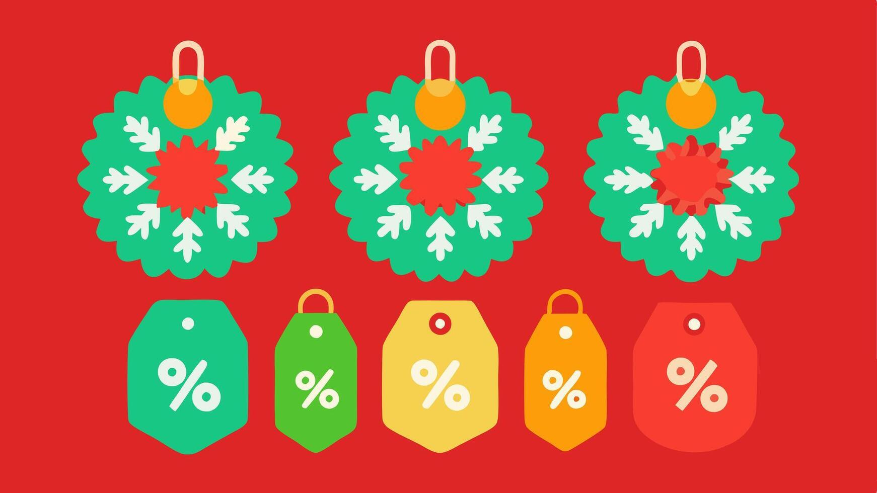 Discount Tags A collection of bright festive discount tags shaped like holiday wreaths snowflakes and ornaments each showcasing different percentage off.. vector