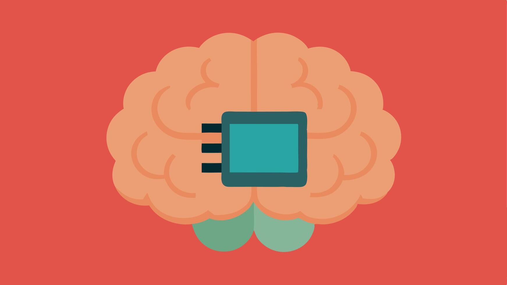 Microchip in Brain An illustration of a brain with a small microchip embedded in it signifying advanced neurotechnology.. vector