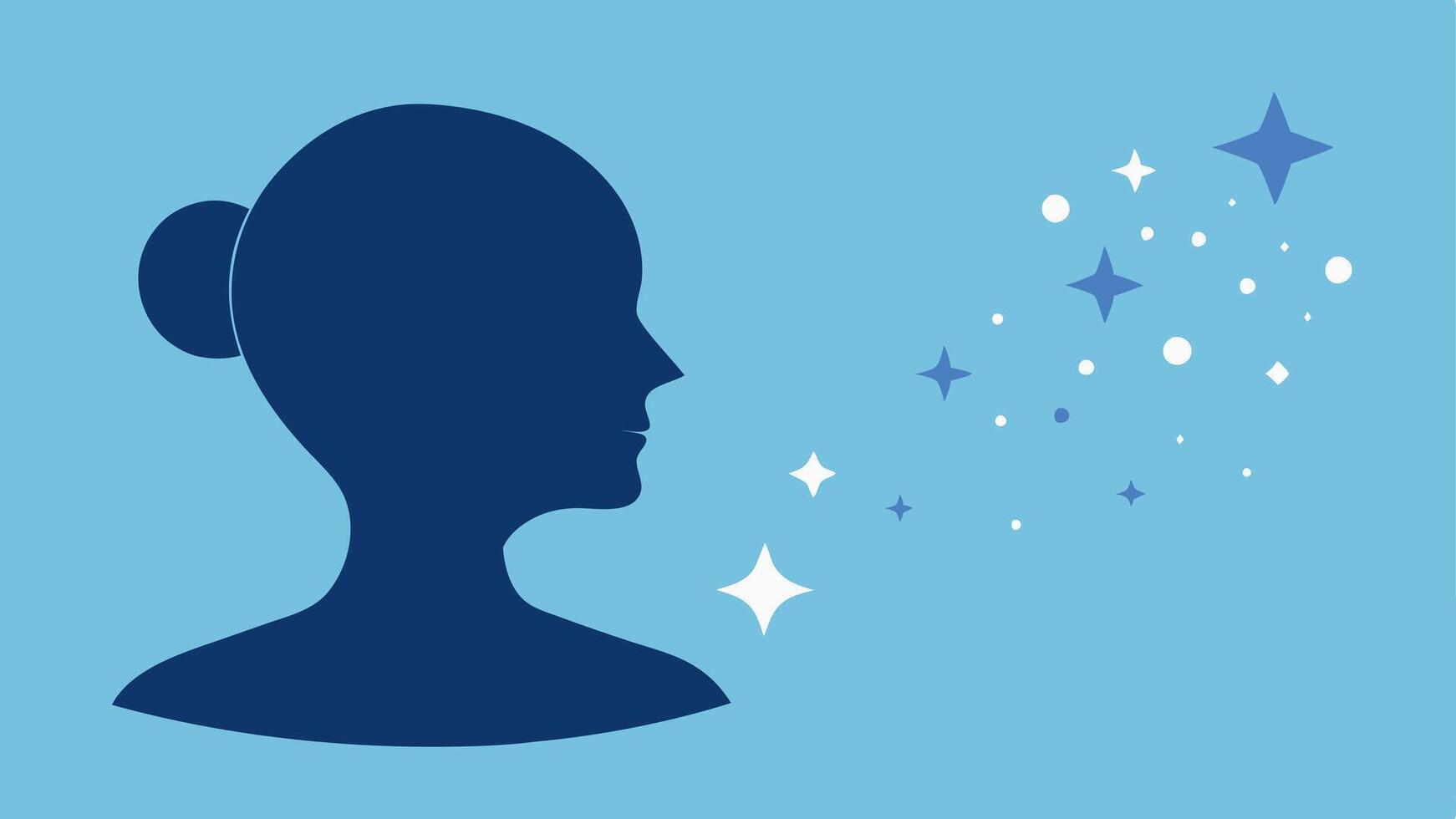 Youthful Transformation A silhouette of a face transitioning from lines and wrinkles to a smooth youthful appearance with exosomes illustrated as magical sparkles.. vector