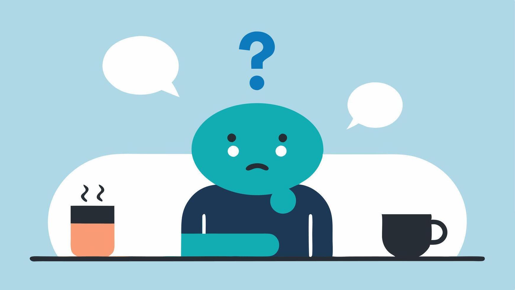 Text Bubble Overload A character sits at a table with their phone in hand and a gigantic text bubble looming above them filled with question marks and exclamation points. The. vector