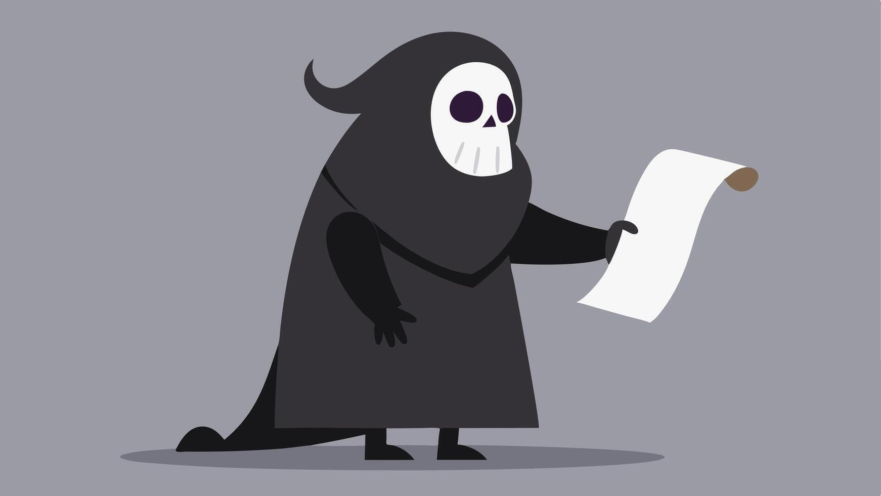 Yawning Reaper The Grim Reaper stands with a exaggerated yawn his hood partially covering his face. In one skeletal hand he holds a long scroll of paper unfurling to the ground.. vector