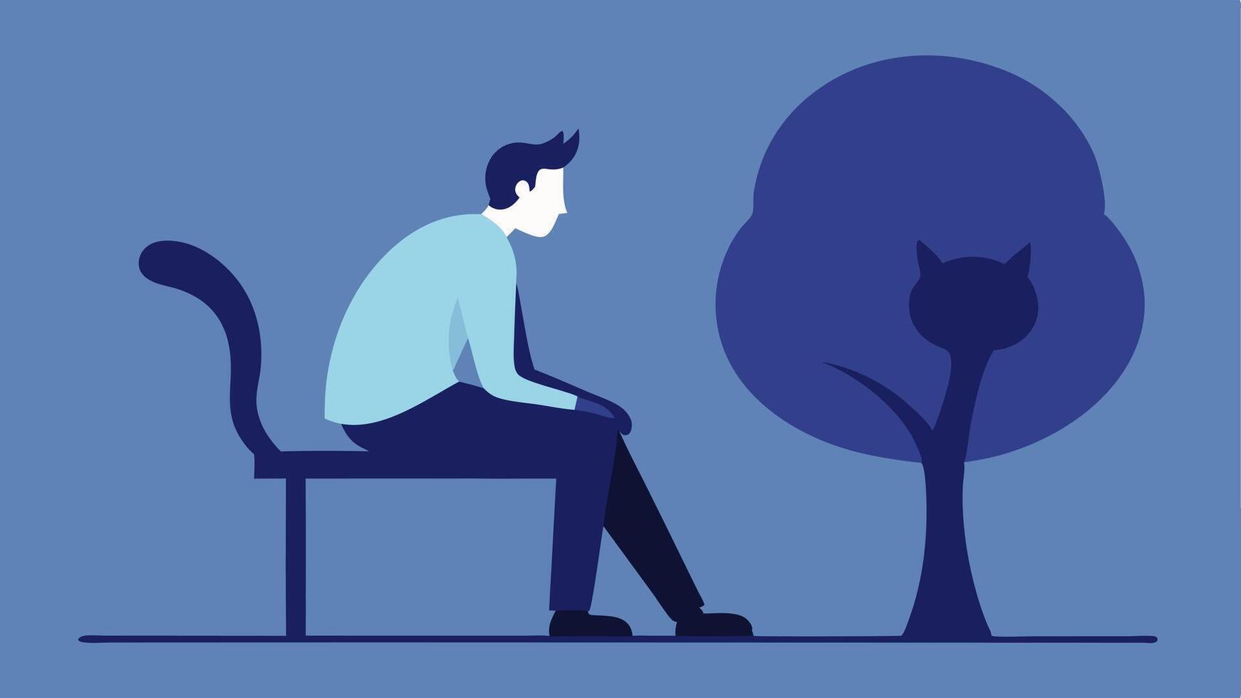 Thoughtful Pose with Cat Shadow A contemplative figure sitting on a bench leaning against a tree. The shadow cast behind them takes the playful form of a large cat with arched back. vector