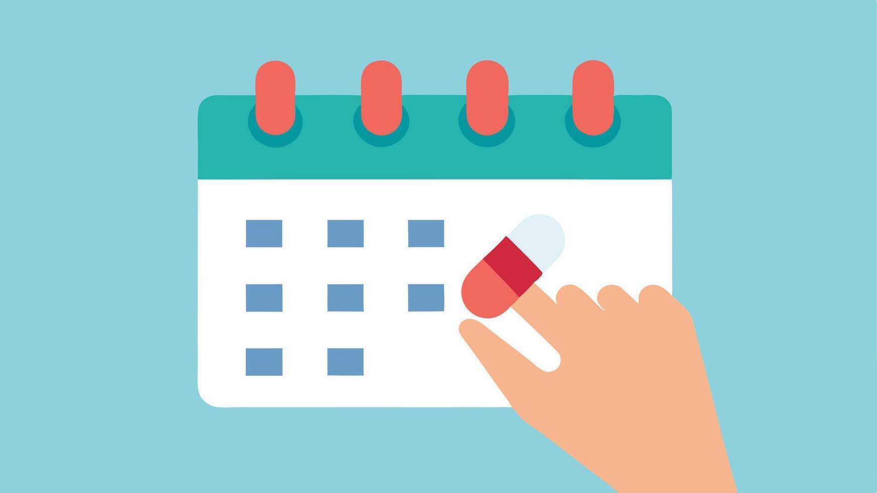 Medication Management A closeup of a hand holding hormone therapy pills above a calendar marked with HRT dates symbolizing the routine of treatment.. vector