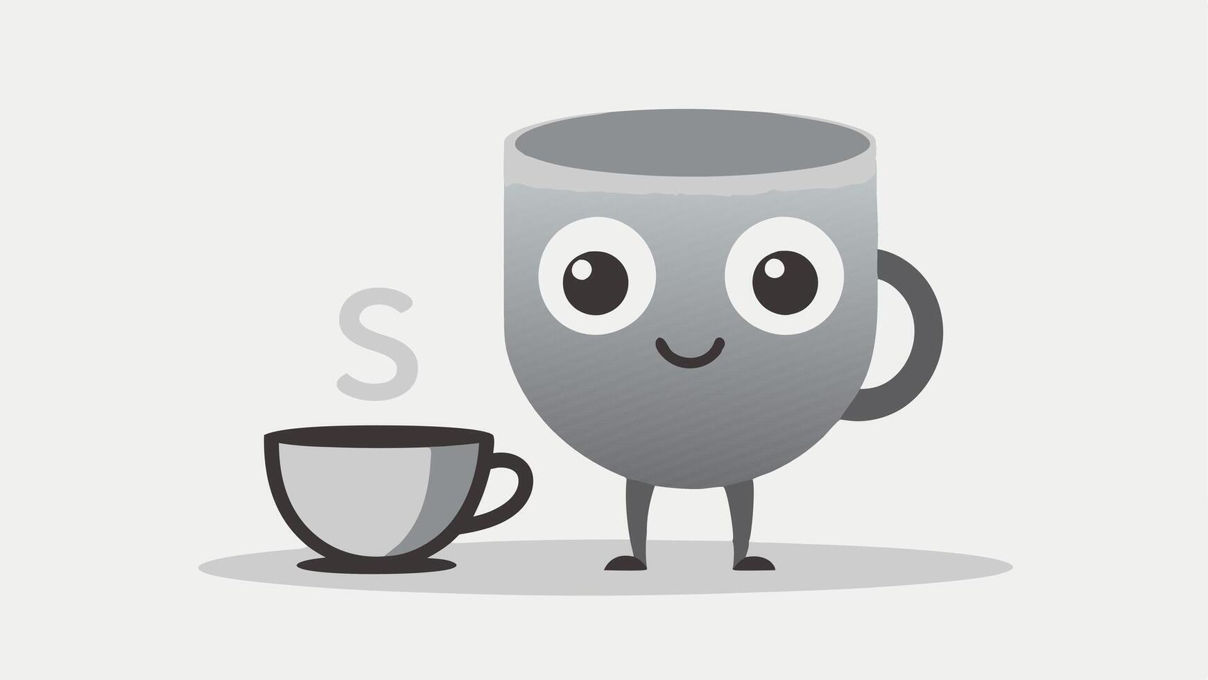 Tiny S Character A tiny cartoonish s character with big expressive eyes and a small smile is depicted standing beside the giant cup. The s is shiny and metallic with minimalistic. vector
