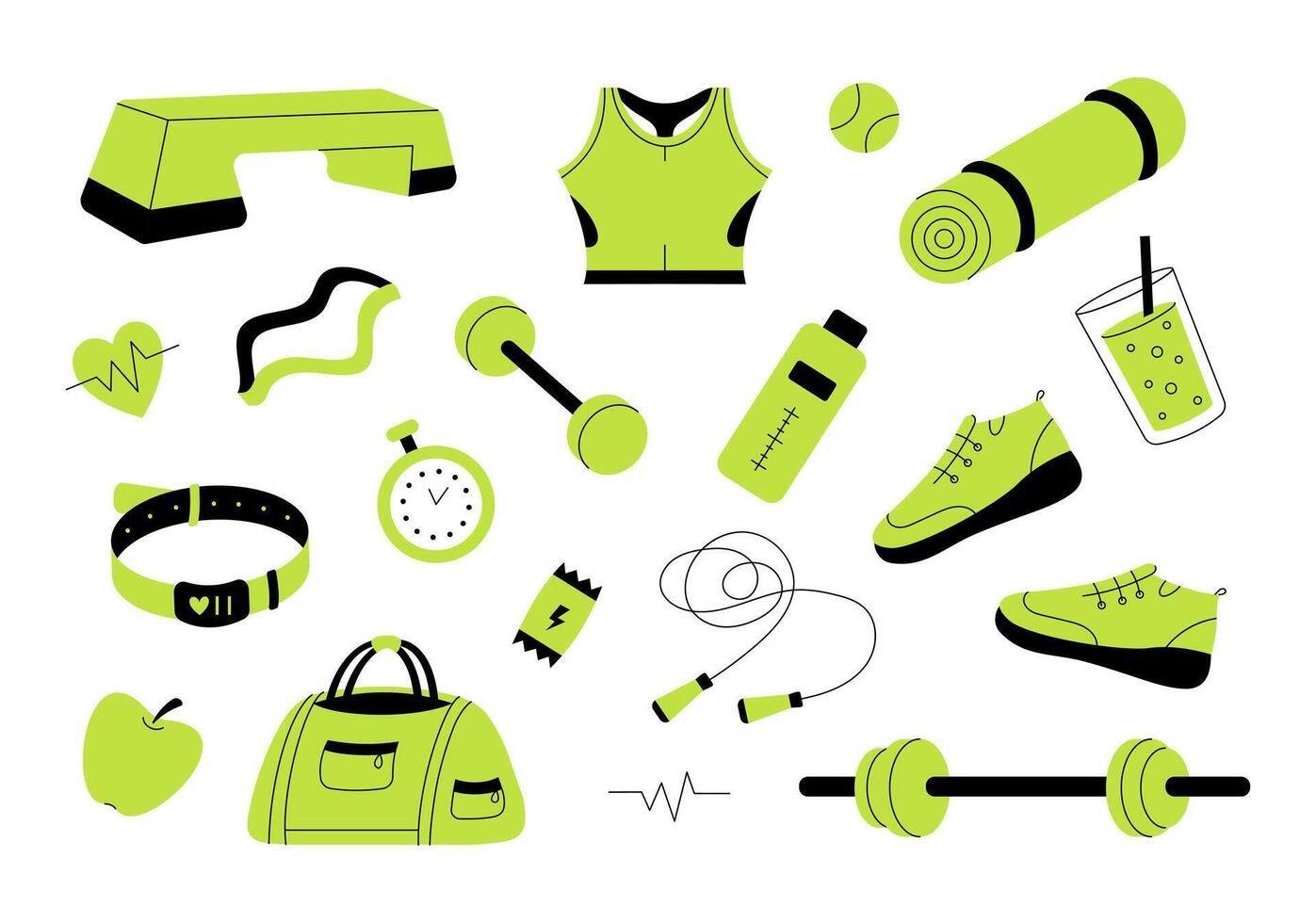 Set of sports equipment in the gym. Fitness and healthy lifestyle. Sportswear, dumbbell, barbell, smart watch, bottle, sneakers, skipping rope, mat. Flat illustration vector