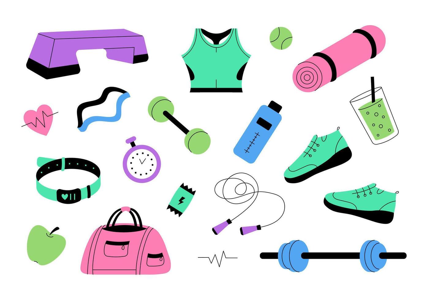 Set of sports equipment in the gym. Fitness and healthy lifestyle. Sportswear, dumbbell, barbell, bottle, sneakers, skipping rope, mat. Flat illustration vector