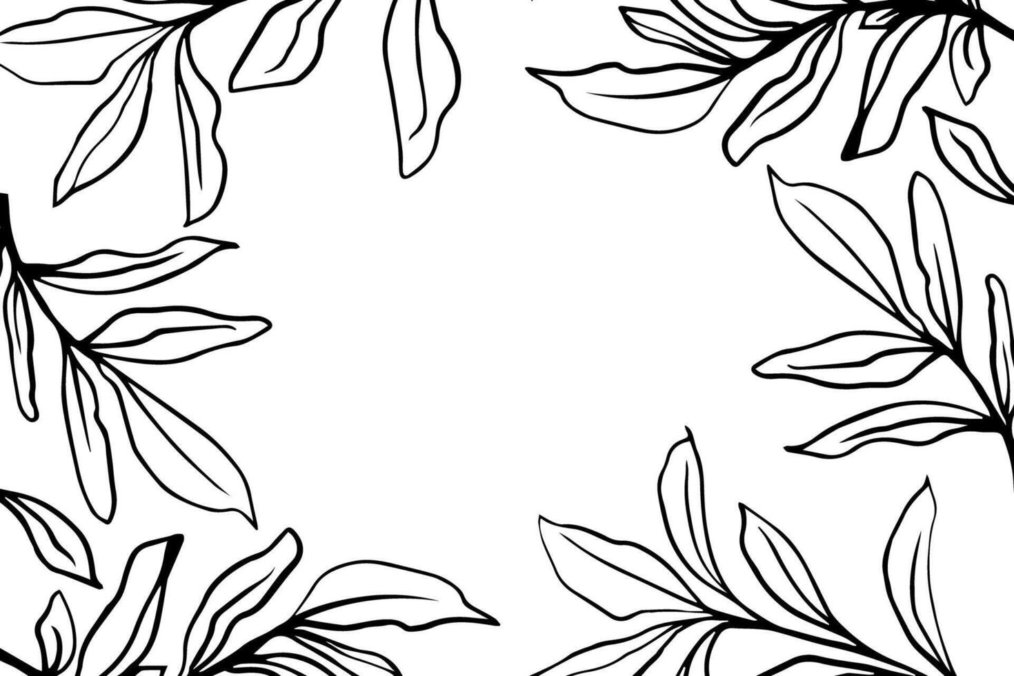 Black and white botanical hand drawn line illustration, contour leaves frame with a blank space. for nature inspired designs, invitations, borders, backgrounds in minimalistic elegant styles vector