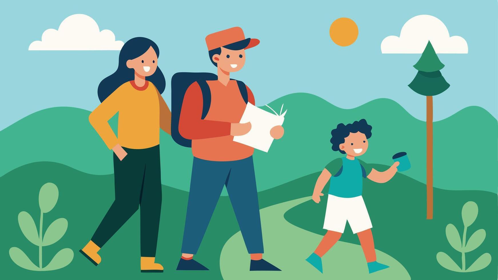 Exploring a Trail A family using a map or compass to navigate a hiking trail learning about nature instead of navigating through crowded stores.. vector