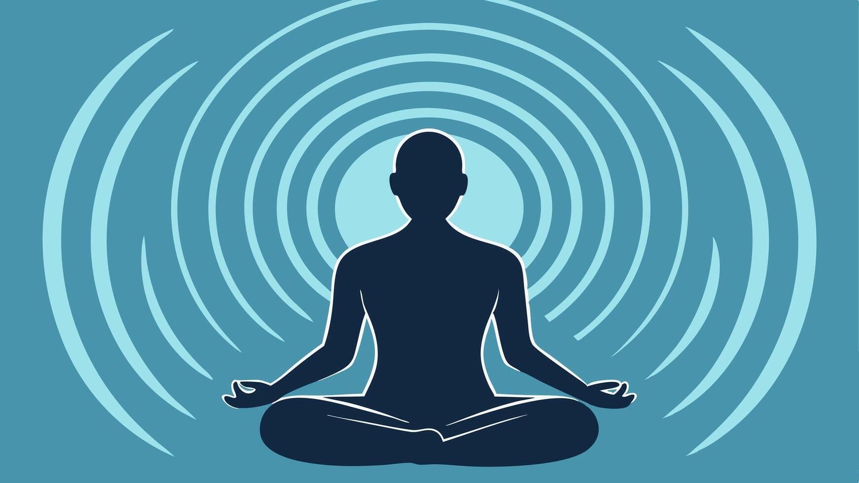Meditating Figure with Waves A silhouette of a person meditating with radiating waves around them symbolizing mindfulness and mental wellbeing.. vector