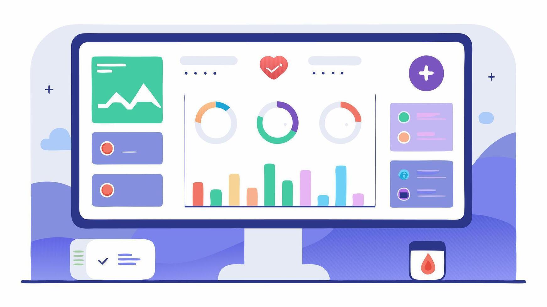 Main Dashboard A clean interface showcasing a summary panel with numerical representations of biomarker levels such as heart rate glucose and hydration status.. vector