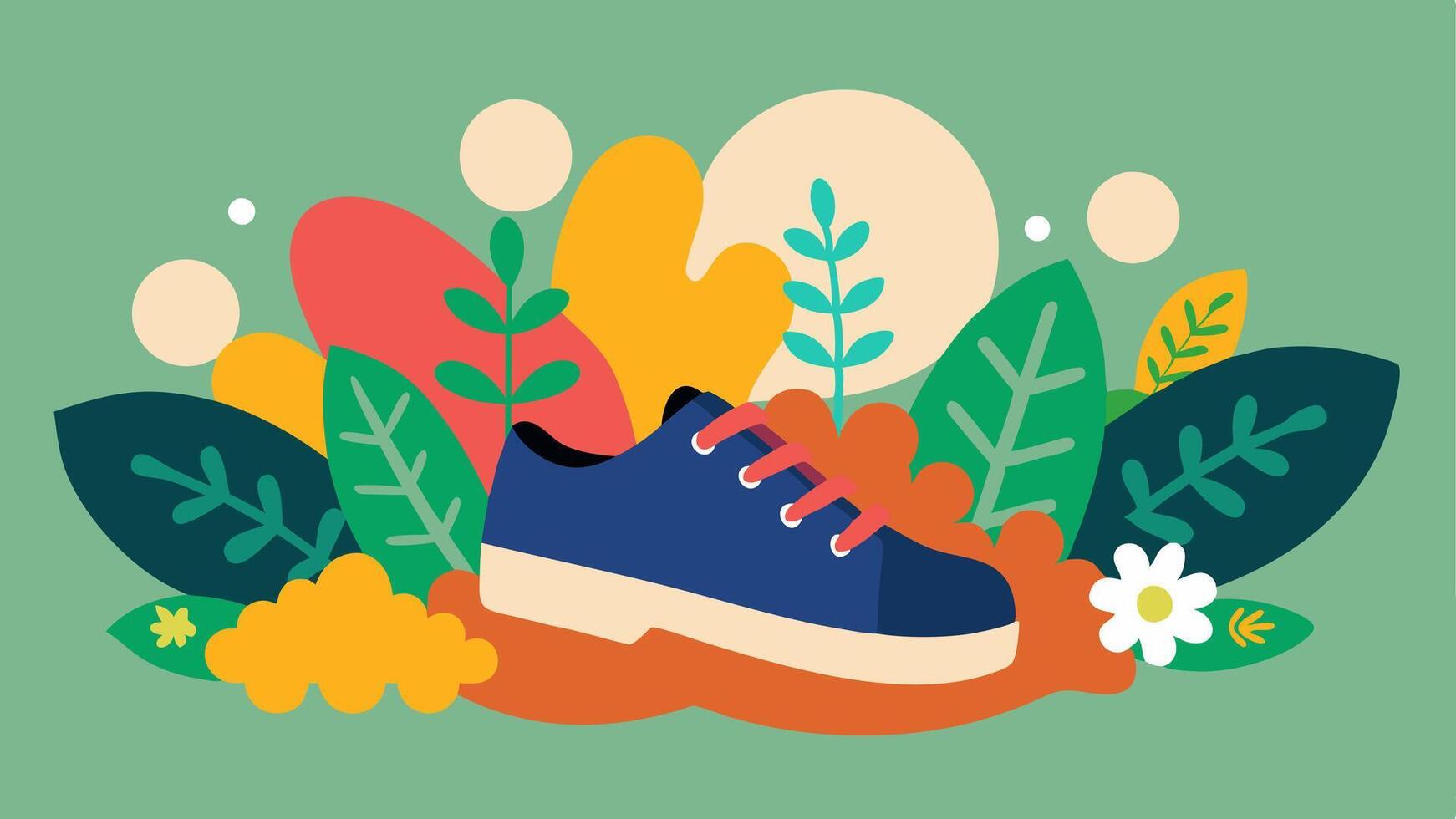 EcoFriendly Shoes A pair of casual shoes crafted from plant materials with a background of colorful flowers and a banner reading Eco Sale.. vector