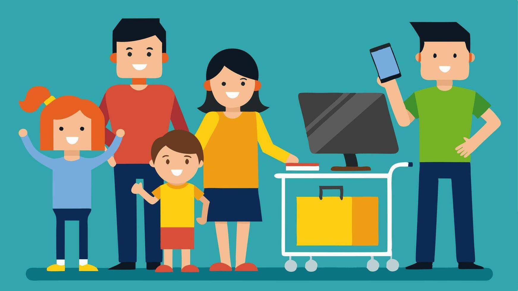 A family gathers around a discounted electronics table examining various gadgets while their cart is parked behind them overflowing with other deals. Their animated gestures reveal. vector