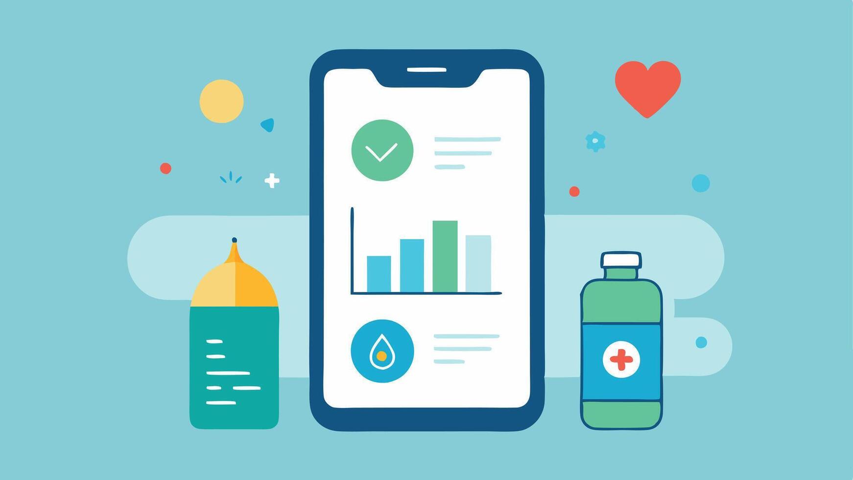 Mobile Health Application A mobile phone with an open app showing a summary of health stats including steps taken calories burned and hydration levels.. vector