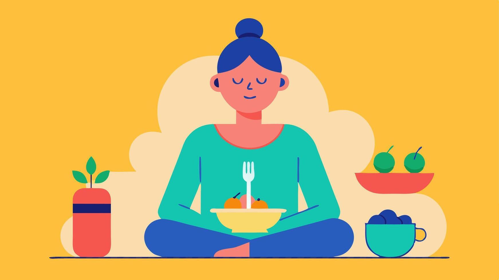Mindful Eating An illustration of a person enjoying a colorful and balanced meal practicing mindful eating emphasizing the enjoyment and awareness aspect of nutrition.. vector