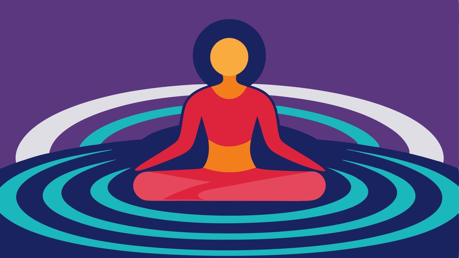 Mindfulness Session A peaceful figure seated crosslegged with vibrant ripples around their head showing the mindfulness achieved with the aid of the device.. vector