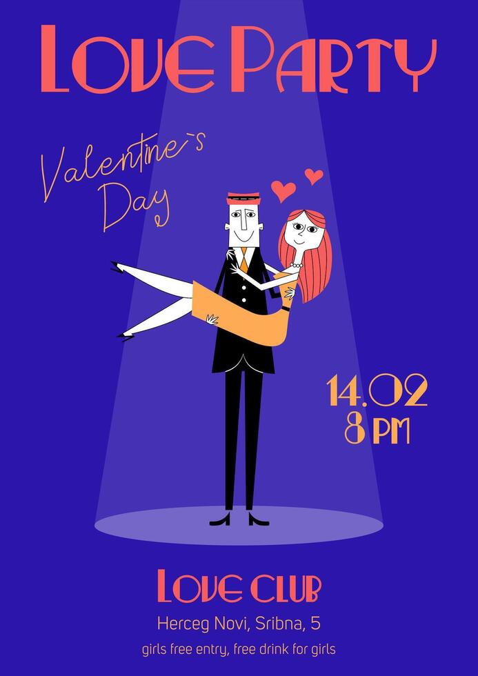 poster concept for a party in retro style, retro couple on the poster, couple in love in retro 60s-70s style vector