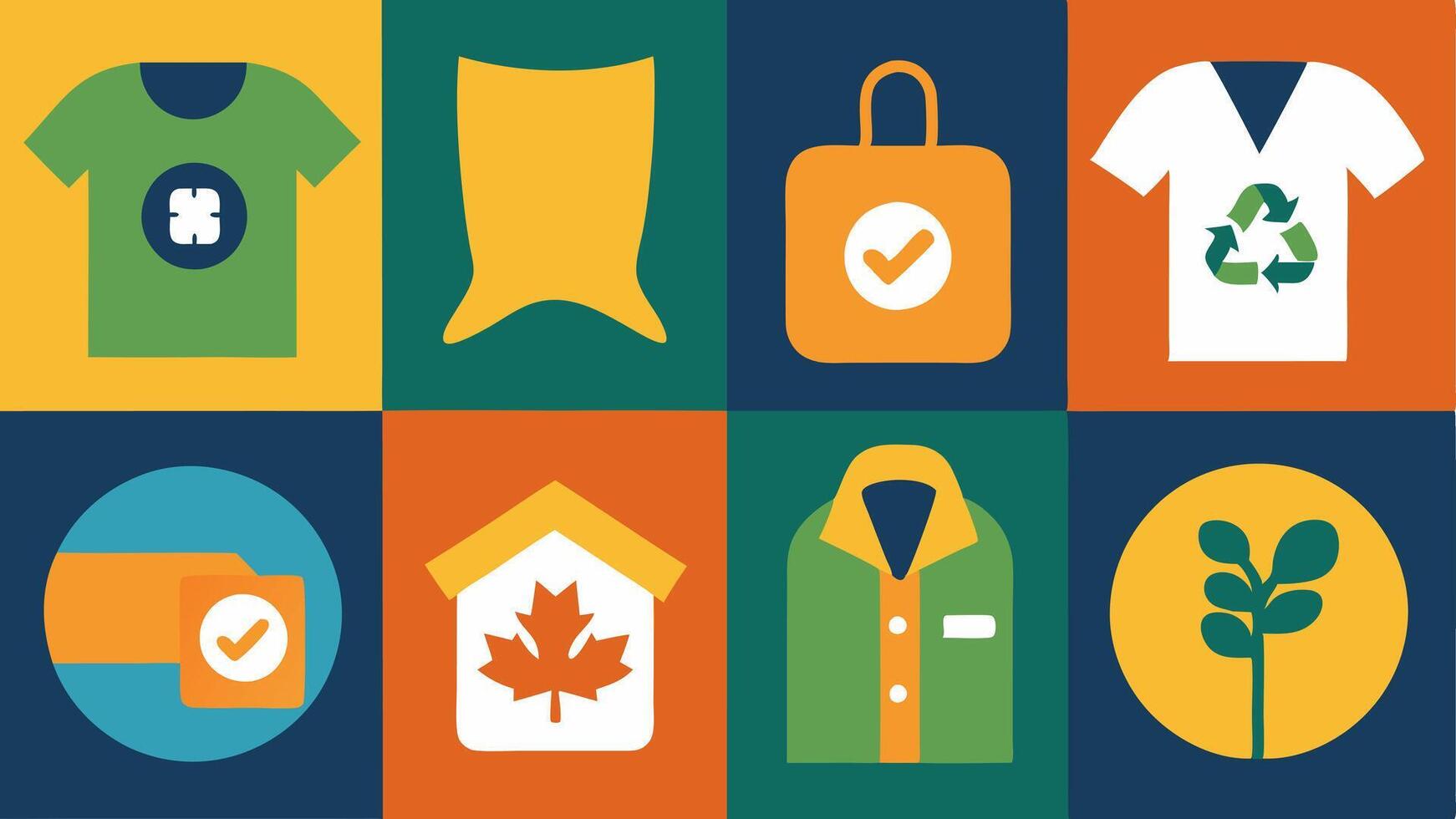 EcoLabel Love Closeup images of ecolabels attached to clothing featuring icons of recycling and sustainability all arranged like a patchwork quilt.. vector