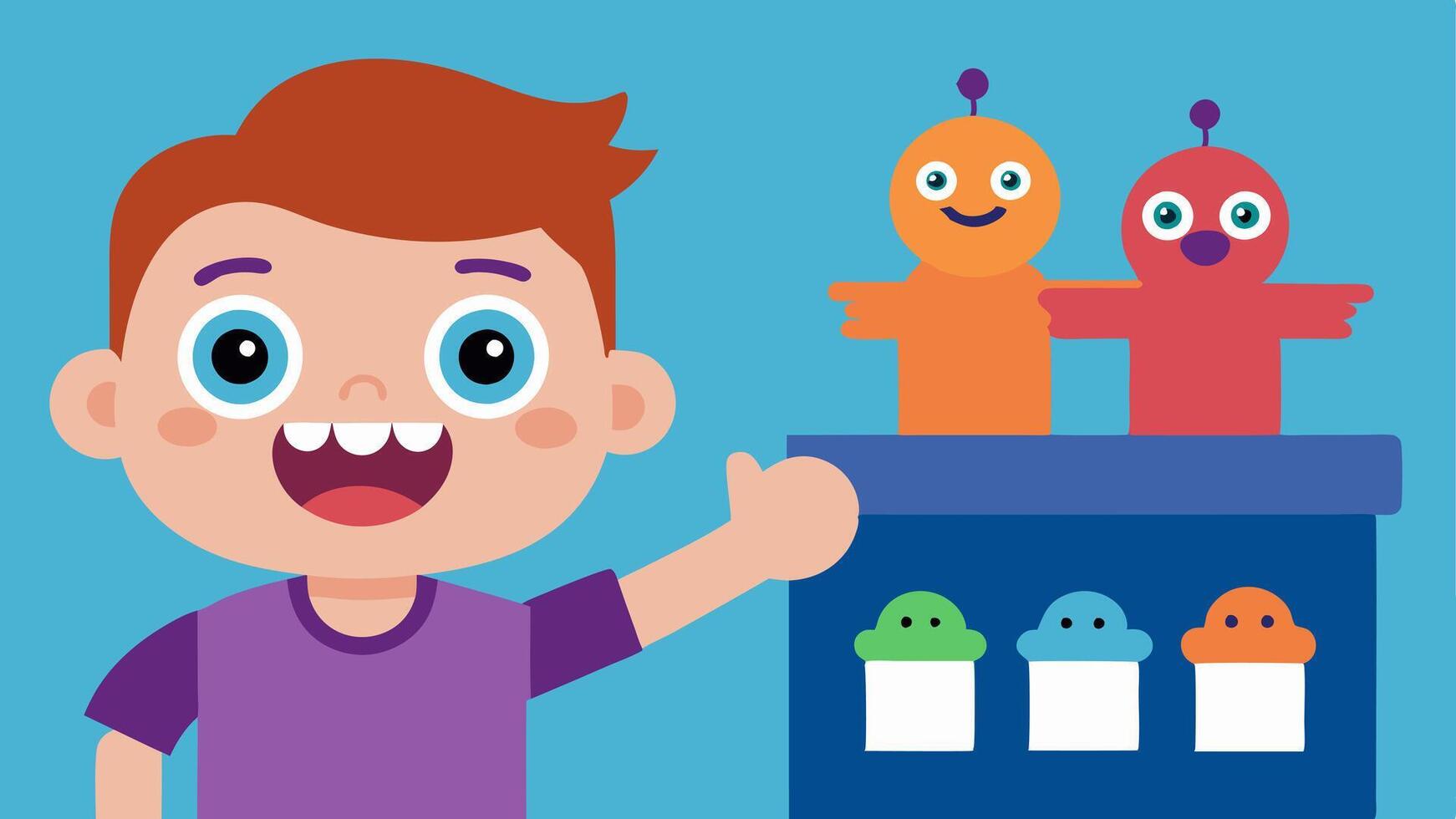 A child pointing excitedly at a toy display with animated expressions on the faces of their guardians and eyecatching sale signs visible in the backdrop.. vector