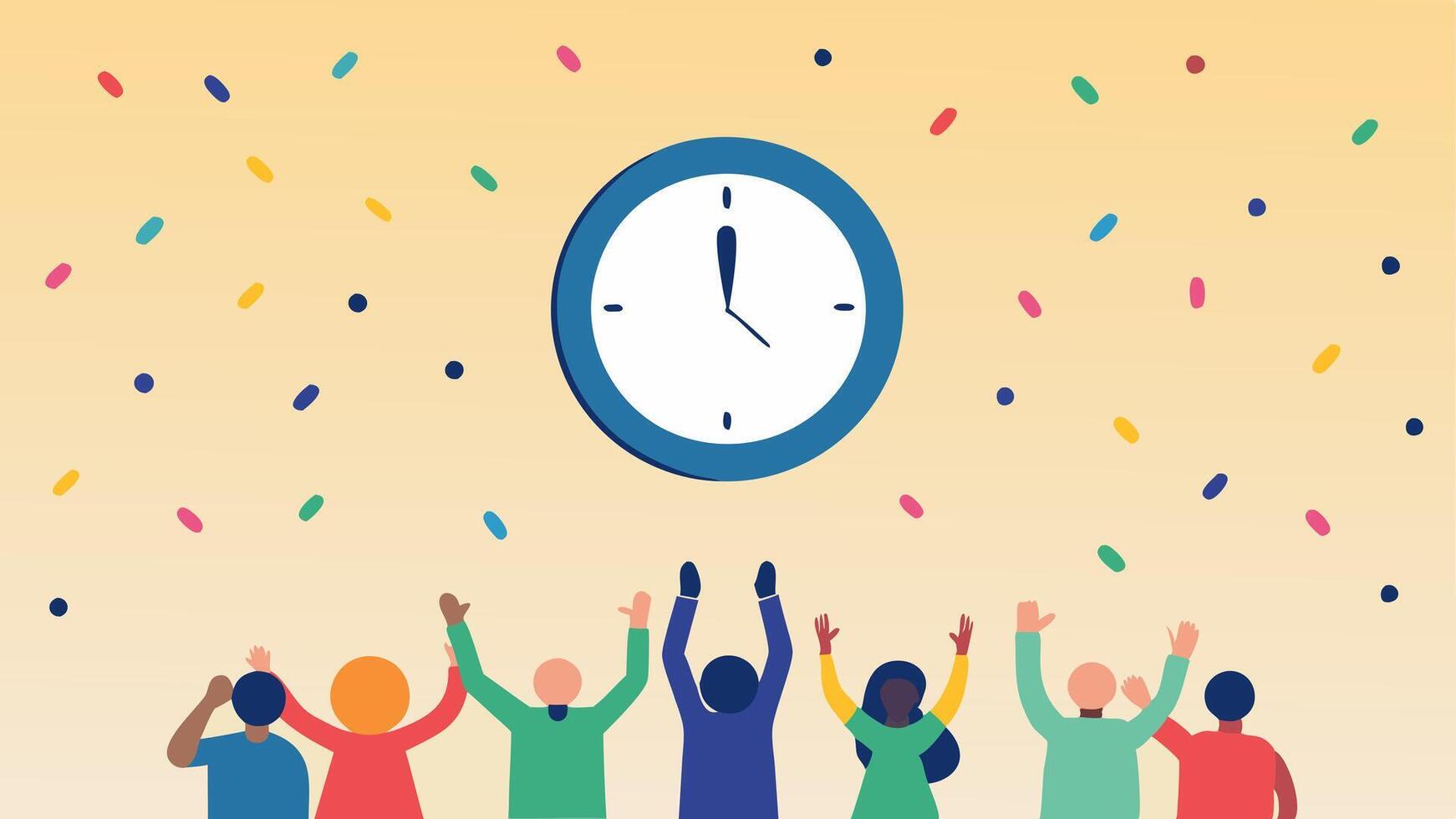 Countdown Excitement A clock showing midnight with festive confetti falling around a group of enthusiastic shoppers lined up and looking at the clock.. vector