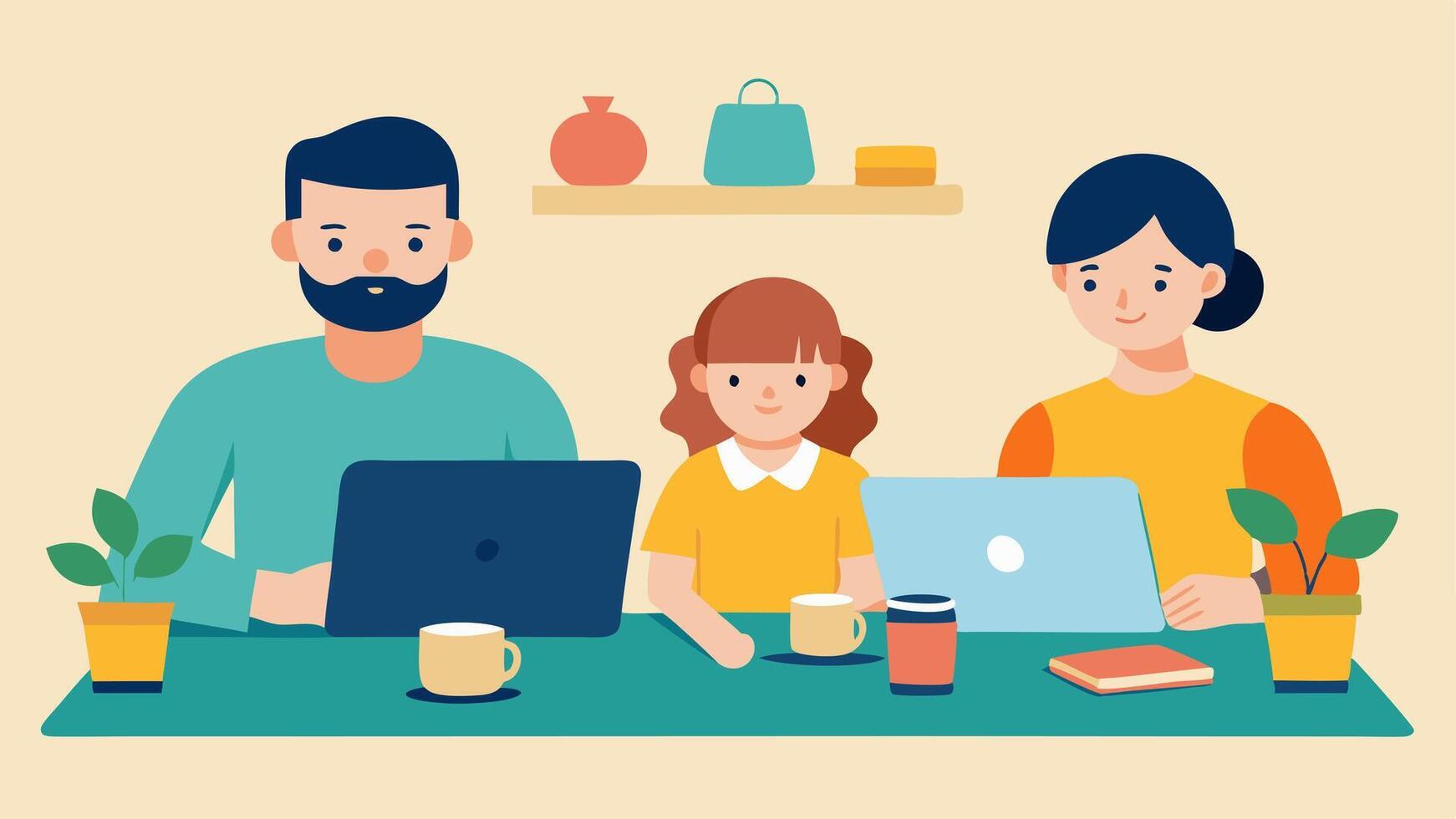 Crafting Together A family working on a craft project at a kitchen table filled with supplies with laptops and tablets p out of reach showcasing a focus on handson activities.. vector
