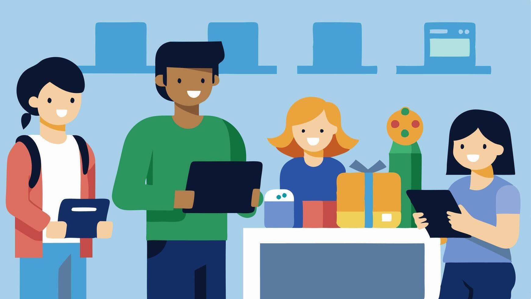 Busy Checkout A shopper at the checkout area holding a tablet and a gaming console box with other customers eagerly looking at various electronics displayed around them.. vector