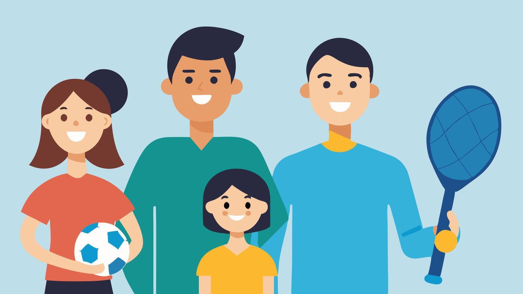 Family Shopping Together A family of four happily looking at various sports equipment with each member holding soing different like a soccer ball or tennis racket.. vector