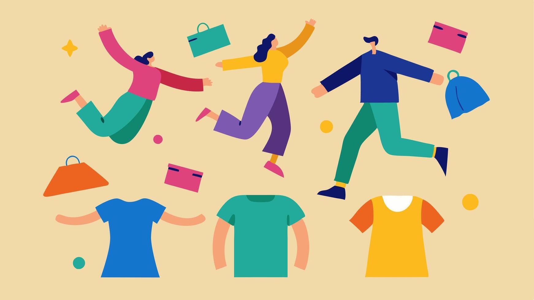 Clothing Avalanche A cascade of colorful clothing pieces like shirts dresses and shoes floating through the air with shoppers grabbing at them joyfully.. vector