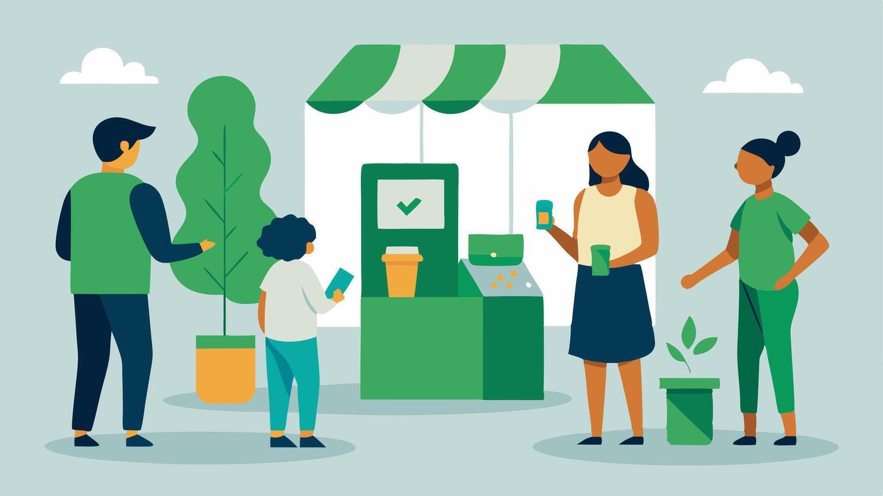 Community Event A local event where shoppers are interacting with booths dedicated to ecofriendly electronics sharing knowledge and sustainability tips.. vector