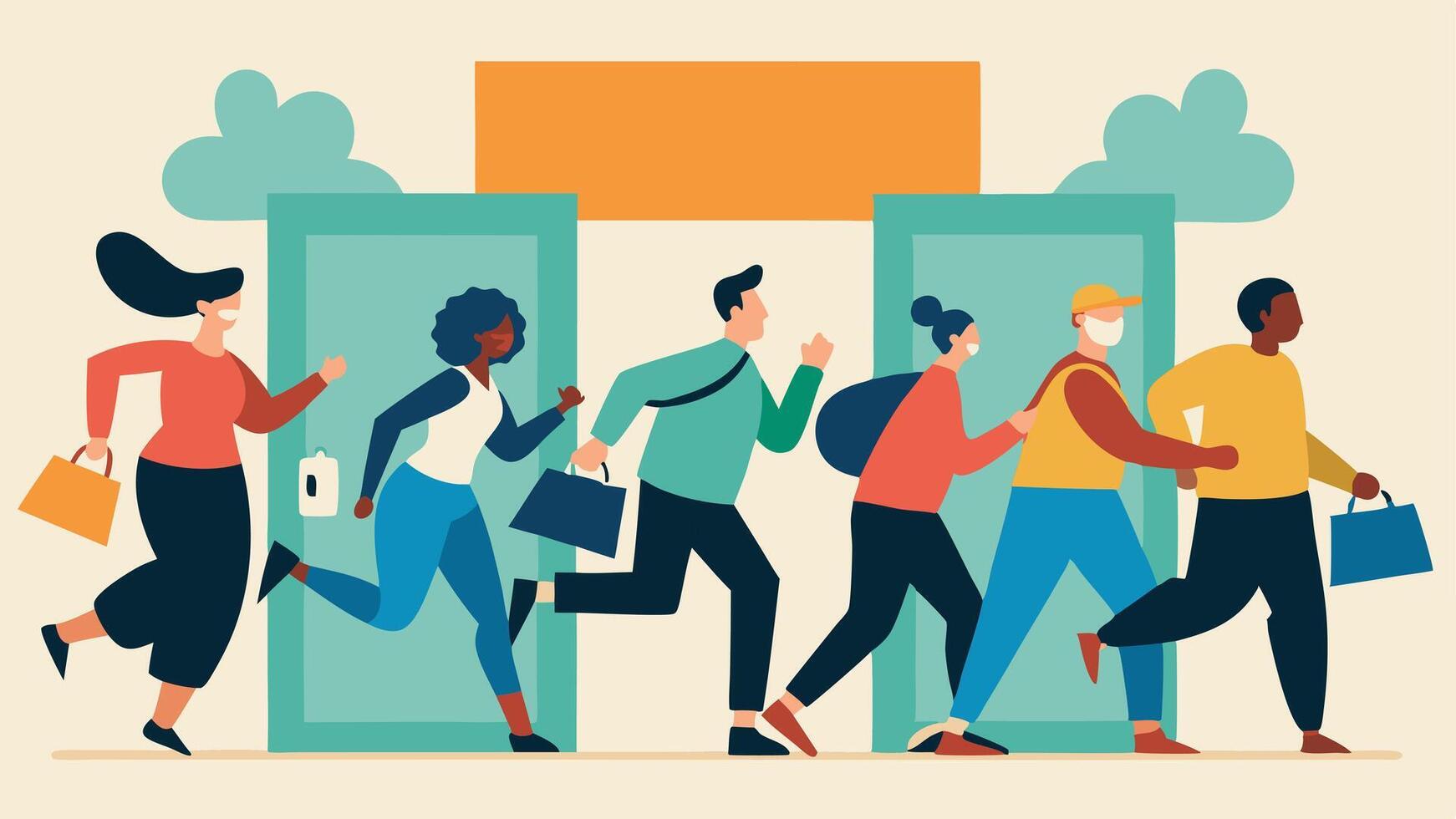 Crowd Rush A diverse group of shoppers sprinting towards an open store entrance their expressions filled with excitement and determination.. vector