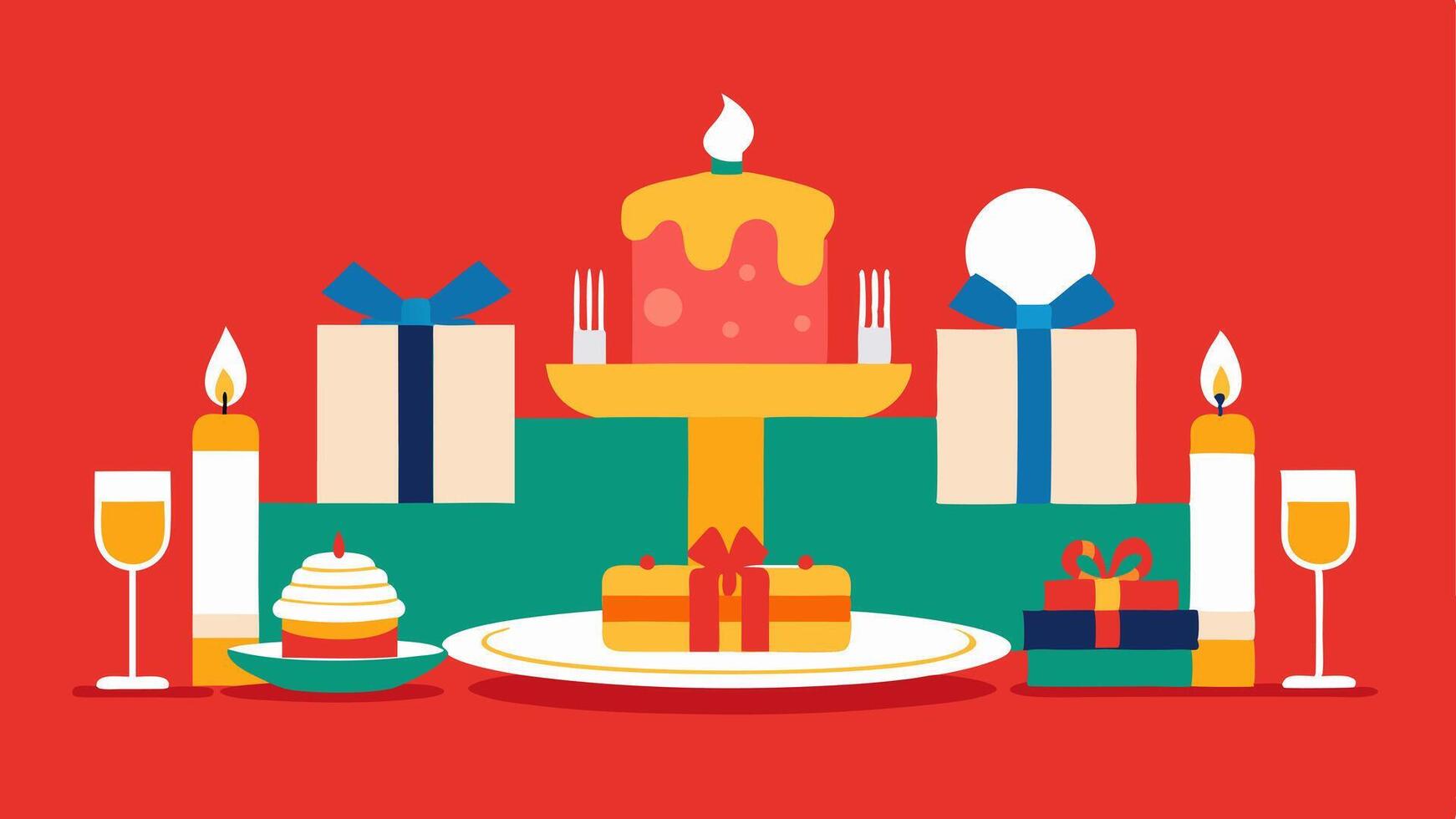 Festive Table Setting A beautifully arranged holiday table with gifts nestled a the dinnerware complete with candles and seasonal decorations.. vector
