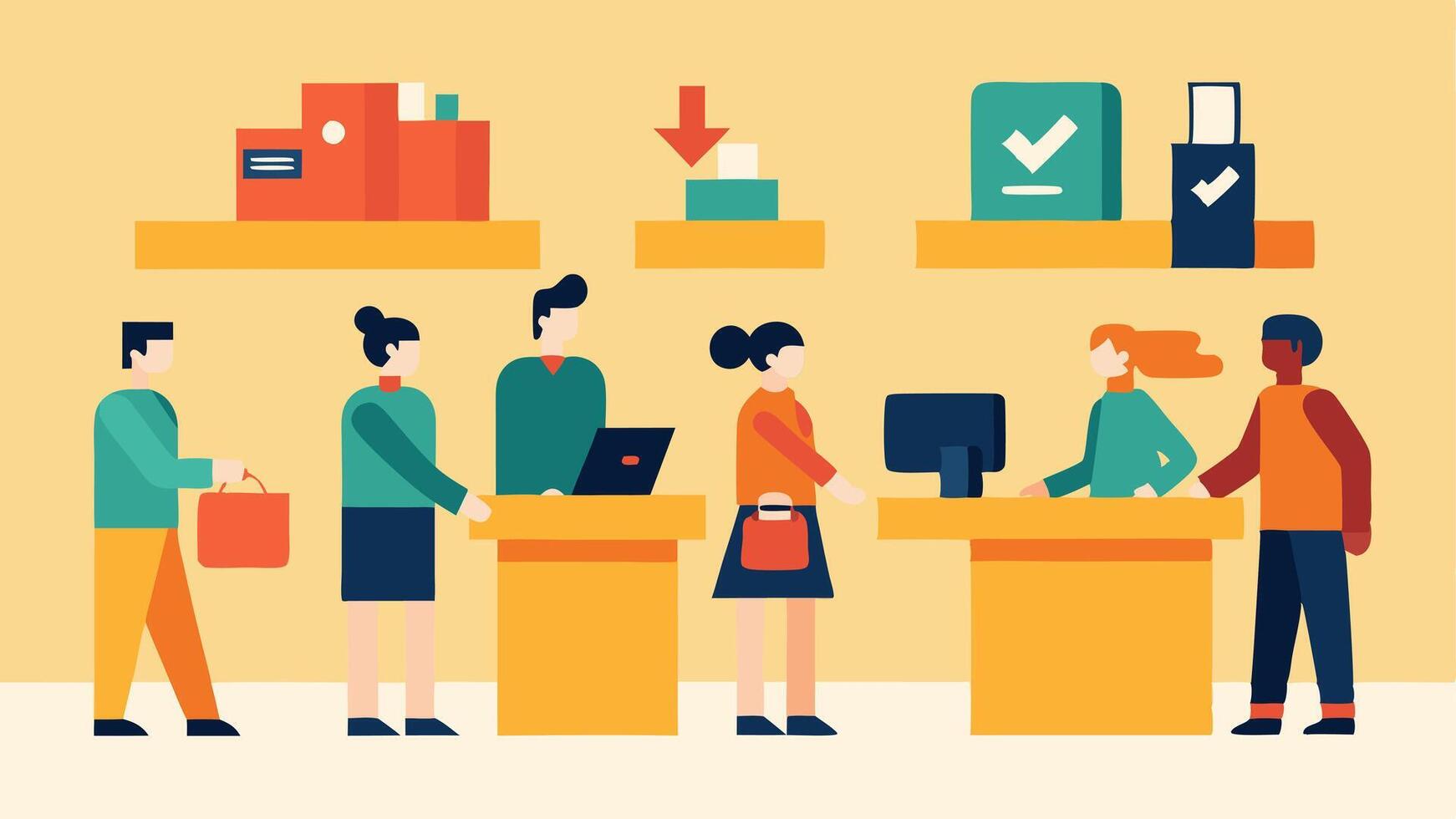 Checkout Lane A busy checkout area depicted as part of the maze with shoppers lined up and signs announcing Express Checkout and Rewards Available.. vector