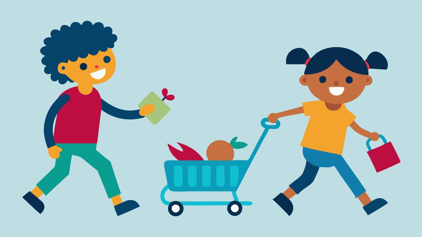 Cartwheel Kids Two children one pulling a tiny cart stacked with toys giggle as they chase their parent whos hastily pushing a larger cart filled with snacks and school supplies.. vector