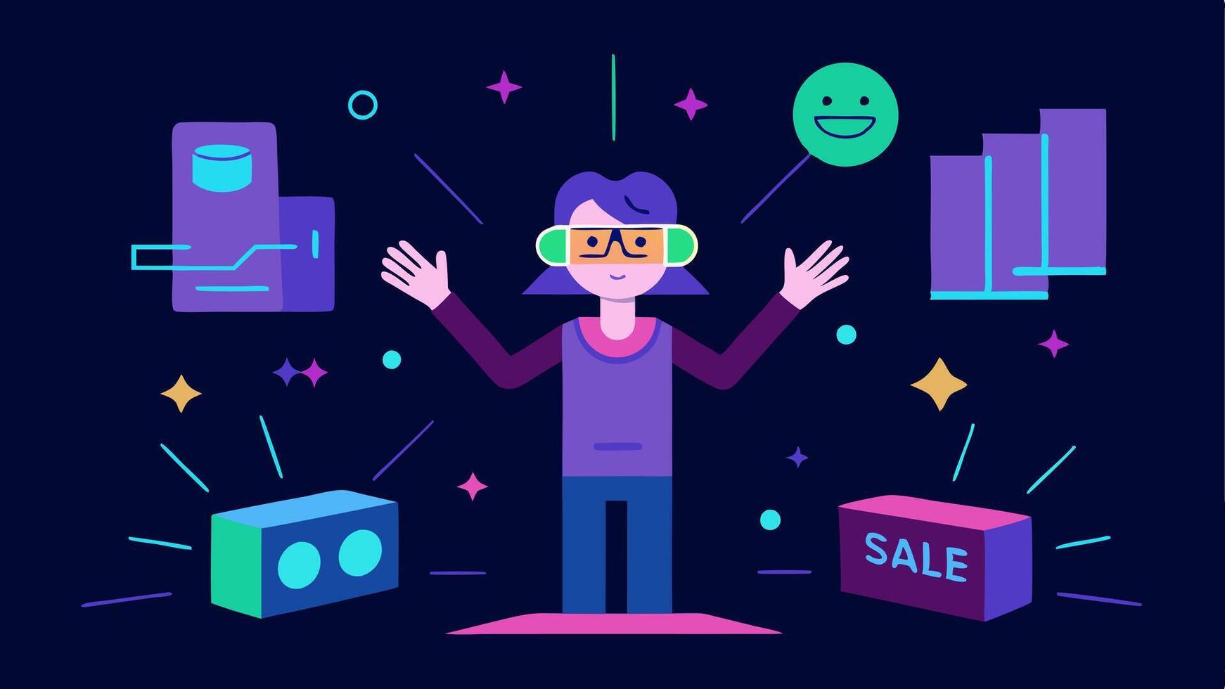 3D Product Holograms Bright holograms of popular products hover above neon sale signs with discounts vibrating in colorful ripples. A teen waves her hands excitedly beneath them.. vector