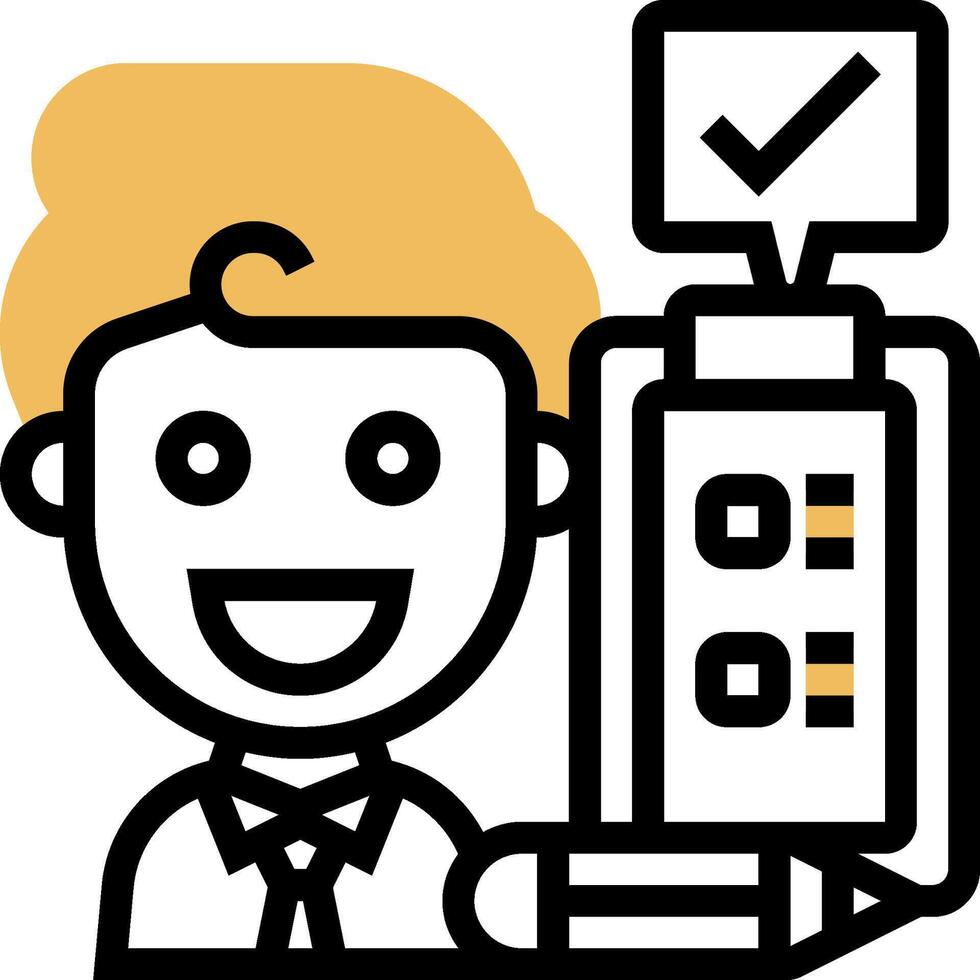 A cartoon man holding a pencil and a check mark vector