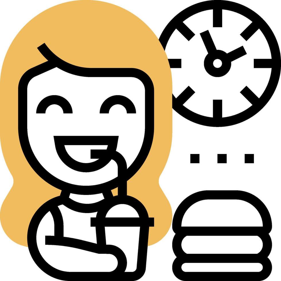 A woman holding a hamburger and a clock vector