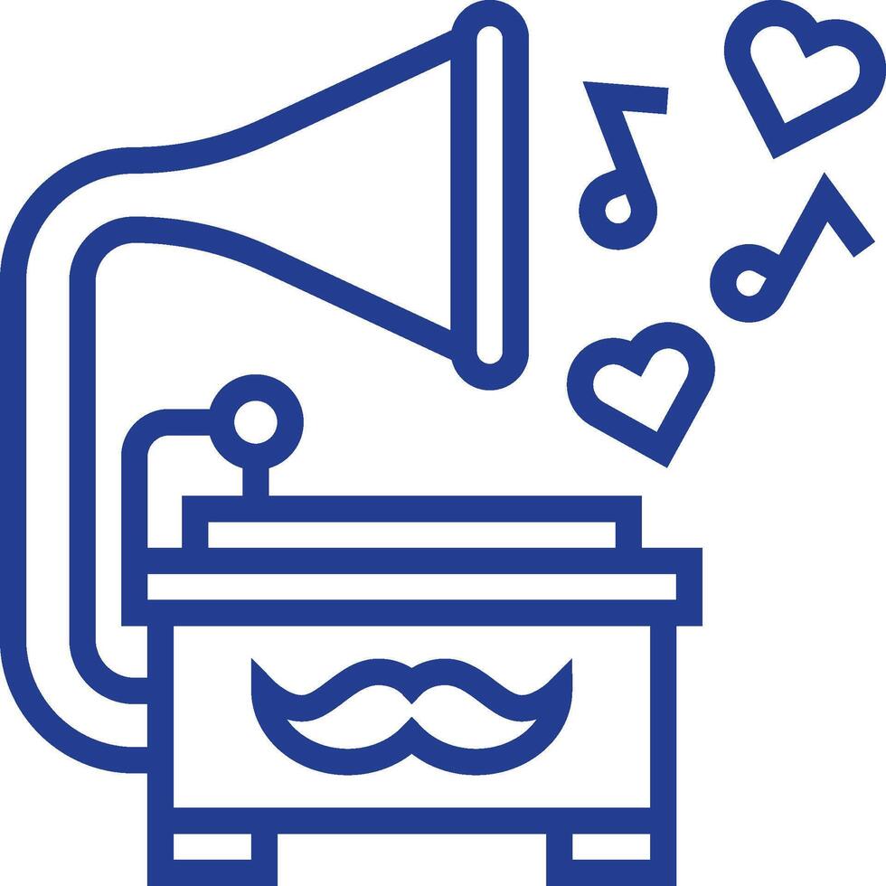 A blue line icon of a record player with a mustache vector