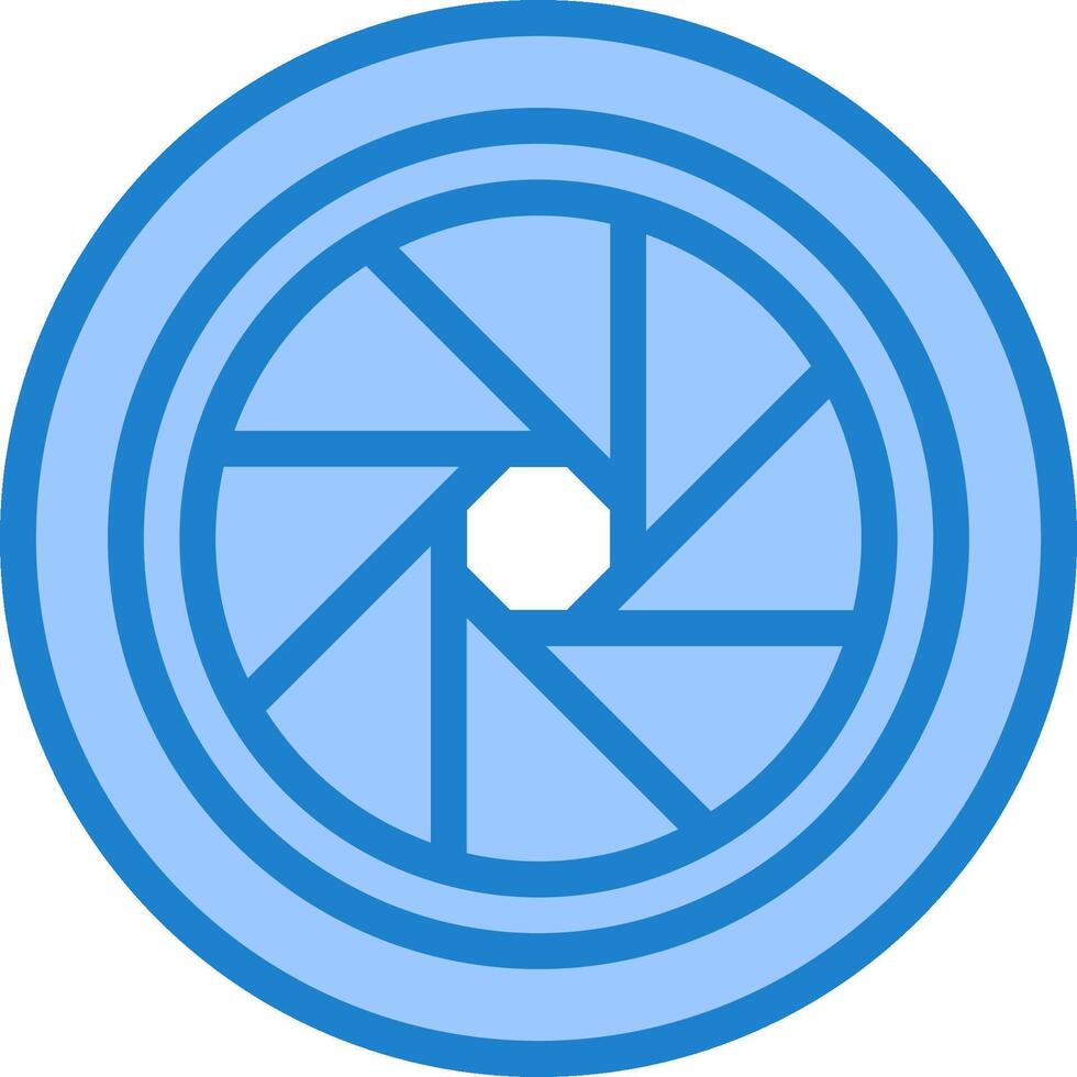 A blue circular icon with a camera lens vector